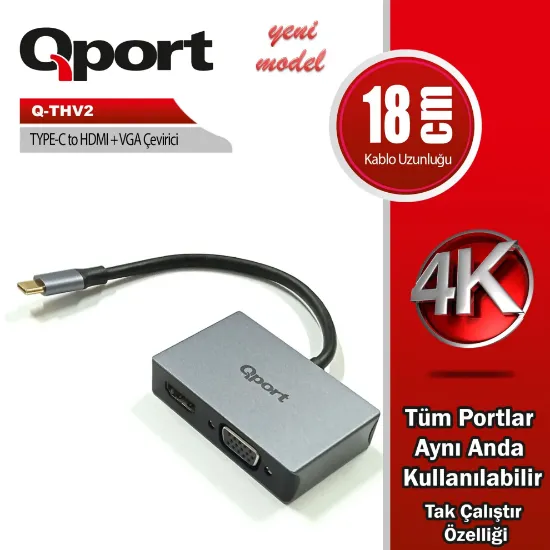 QPORT Q-THV2 TYPE-C TO HDMI/VGA CEVIRICI ADAPTÖR resmi