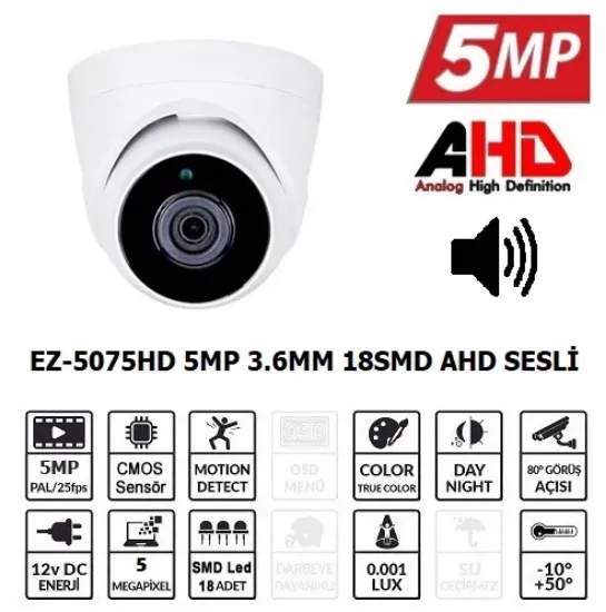 EZCOOL EZ-5075HD 5MP 3.6MM SMD AHD SESLİ DOME KAMERA resmi