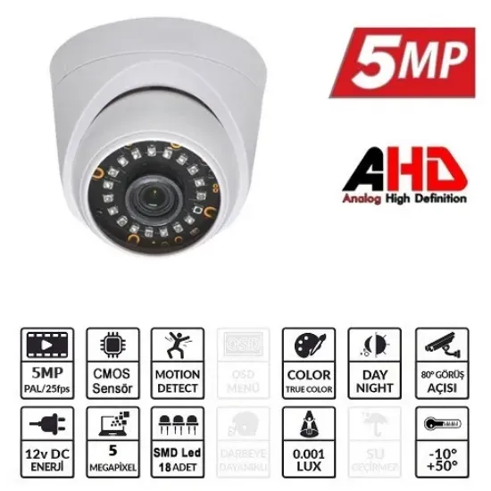 EZCOOL EZ-5025HD 5 MP 3.6MM LENS AHD DOME KAMERA resmi