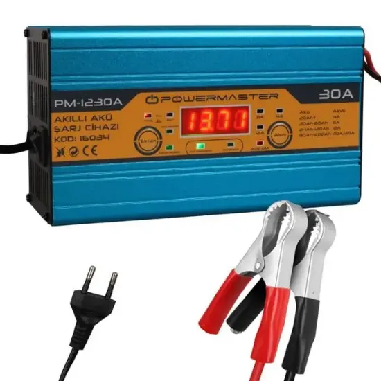 Powermaster PM-1230A 12 Volt 30 Amper LCD Ekranlı Akıllı Akü Şarj Cihazı resmi
