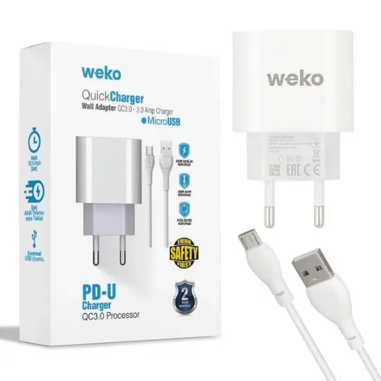 Weko WK-21441 PDU QC 3.0 Amper Telefon Şarj Adaptörü + Micro USB Kablo resmi