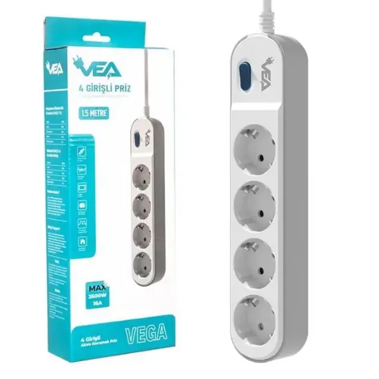 Vea VE-VEGA104 A Class 4'lü Anahtarlı 1.5 Metre Akım Korumalı Priz resmi