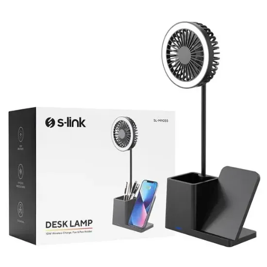 S-link SL-M9055 10 Watt Kablosuz Şarj İstasyonlu Fanlı Kalemlikli Masa Lambası (Siyah) resmi