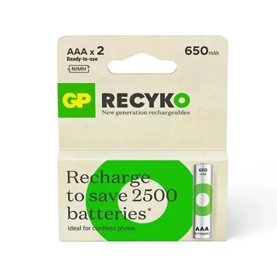 GP Recyko 650 Mah R03 AAA Şarjlı 2'li İnce Kalem Pil resmi