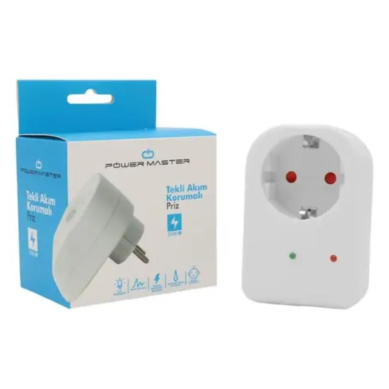 PowerMaster PM-18521 Durum Ledli Akım Korumalı Tekli Priz 16 Amper - 3500 Watt Tekli Beyaz resmi