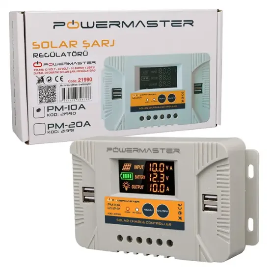 Powermaster PM-10A 12V-24V 10 Amper 4 USB Çıkışlı Dijital Ekranlı Solar Şarj Regülatörü resmi