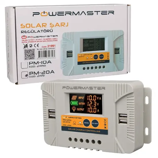 Powermaster PM-20A 12V-24V 20 Amper 4 USB Çıkışlı Dijital Ekranlı Solar Şarj Regülatörü resmi