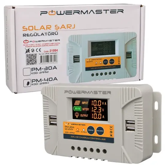 Powermaster PM-40A 12V-24V 40 Amper 4 USB Çıkışlı Dijital Ekranlı Solar Şarj Regülatörü resmi