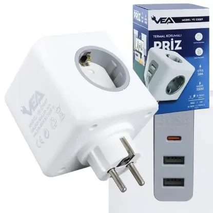 VEA VE-23089 2x USB 1x Type-C 3'lü Çocuk Ve Termal Korumalı Grup Priz resmi