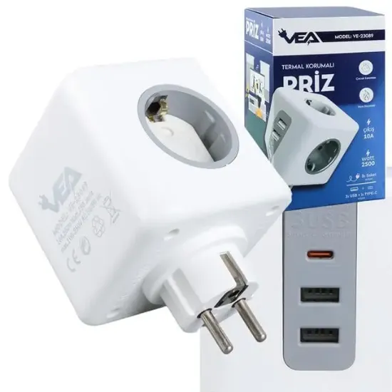 VEA VE-23089 2x USB 1x Type-C 3'lü Çocuk Ve Termal Korumalı Grup Priz resmi