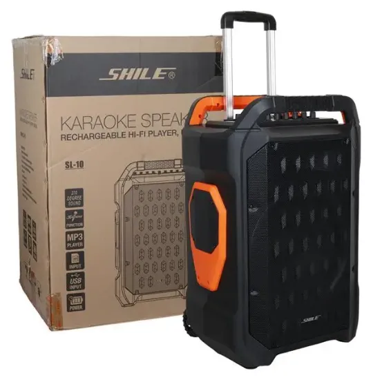Shile SL-10 120 Watt Taşınabilir Seyyar Amfi Hoparlör Kablosuz 1 EL + 1 Yaka Mikrofonlu Kumandalı USB+SD+BT resmi