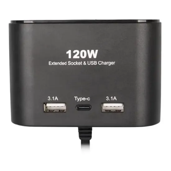 Olesson 1653 12-24V Çift USB + TYPE-C Girişli 100W 70cm Kablolu 3'lü Araç Çakmak Çoklayıcı resmi