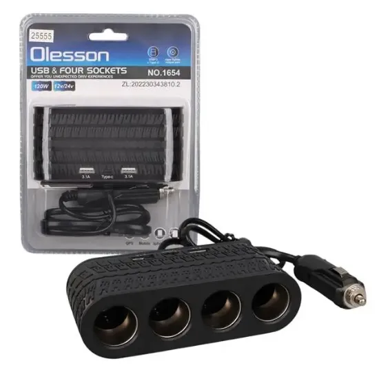 Olesson 1654 12-24V Çift USB - TYPE-C 120W 80cm Kablolu 4'LÜ Araç Çakmak Çoklayıcı resmi
