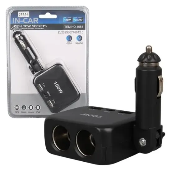 Olesson 1655 12-24V TYPE-C + Çift USB-A Girişli 100W 2'li Araç Çakmak Çoklayıcı resmi