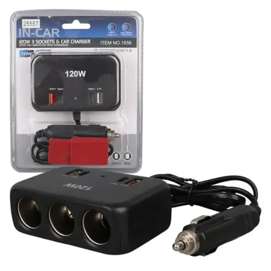 Olesson 1656 12-24V Çift USB + Çift TYPE-C 120W 80cm Kablolu 3'lü Araç Çakmak Çoklayıcı resmi