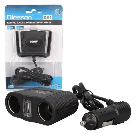 Olesson 1645 12-24V Tek USB Girişli 100W 70cm Kablolu 2'li Araç Çakmak Çoklayıcı resmi