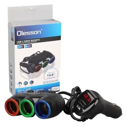 Olesson 1633 12-24V Tek USB Girişli 120W 80cm Kablolu Dijital Voltaj Ekranlı 3'lü Araç Çakmak Çoklayıcı resmi