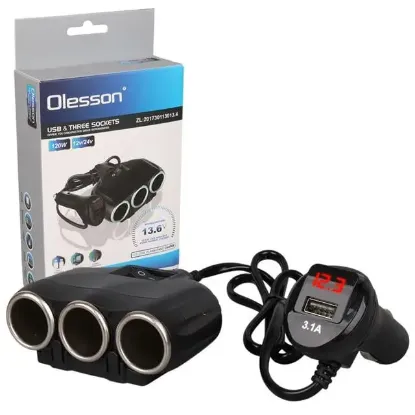 Olesson 1634 12-24V Tek USB Girişli 120W 80cm Kablolu Dijital Voltaj Ekranlı 3'lü Araç Çakmak Çoklayıcı resmi