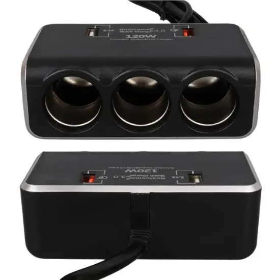 Olesson 1639 12-24V Çift USB Girişli Hızlı Şarj Destekli 120W 80cm Kablolu Dijital Voltaj Ekranlı 3'lü Araç Çakmak Çoklayıcı resmi