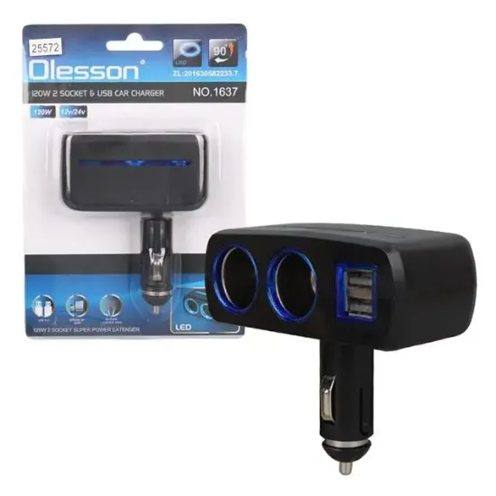 Olesson 1637 12-24V Çift USB Girişli 120W 2'li Araç Çakmak Çoklayıcı resmi