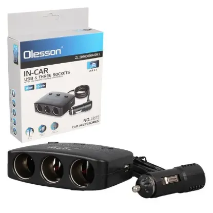 Olesson 1636 12-24V Çift USB Girişli 100W 70 CM Kablolu 3'LÜ Araç Çakmak Çoklayıcı resmi