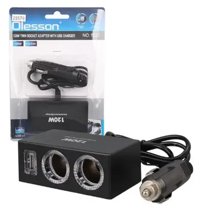 Olesson 1522 12-24V Tek USB Girişli 120W 80cm Kablolu 2'li Araç Çakmak Çoklayıcı resmi