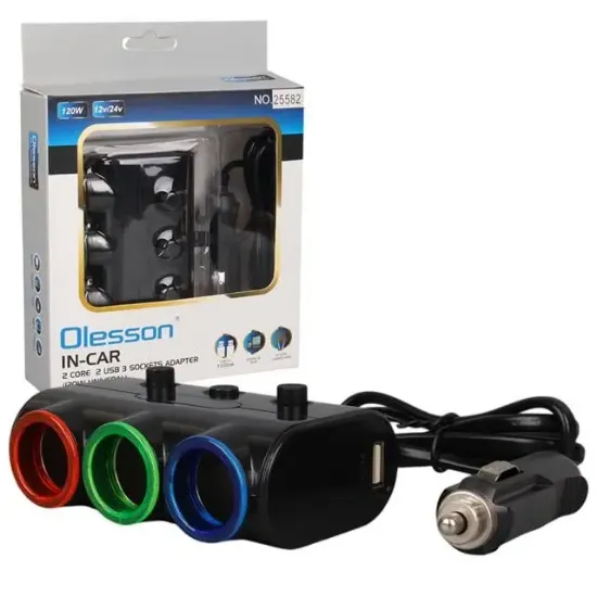 Olesson 1523 12-24V Çift USB Girişli 120W 80cm Kablolu 3'LÜ Araç Çakmak Çoklayıcı resmi