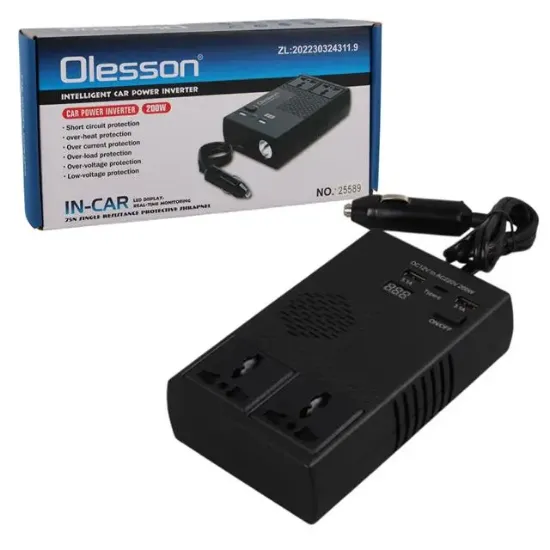 Olesson 1664 DC 12-24V 200W Oto Araç Power İnverter 1x Çakmak Girişi - 1x TYPE-C - 2x USB - 2x 220V Üniversal Priz resmi