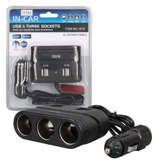 Olesson 1678 12-24V 4 USB Girişli 120W 80cm Kablolu 3'lü Araç Çakmak Çoklayıcı resmi
