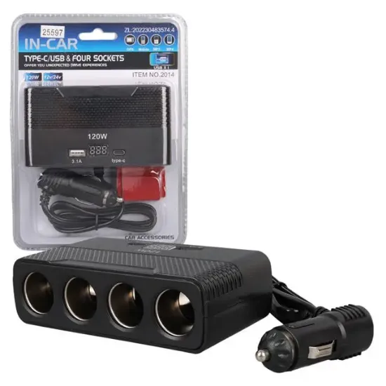 Olesson 2014 12-24V Type-C + USB-A Girişli 120W 80cm Kablolu 4'lü Araç Çakmak Çoklayıcı resmi