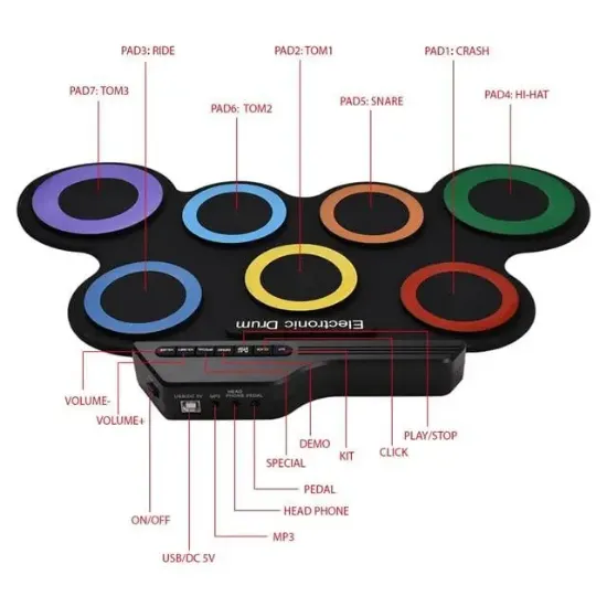 Magicvoice G3002R 7 Ped Gökkuşağı Renkli Elektronik Roll Up Davul Kiti resmi