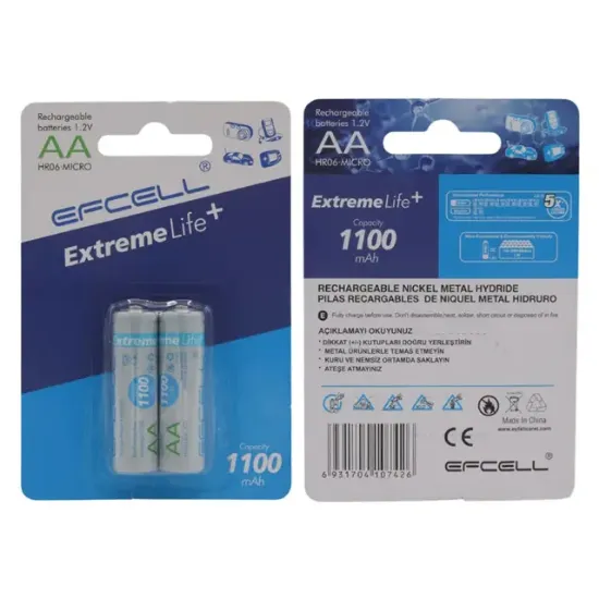 Efcell Extreme Life+ 1.2V 1100mAh Şarj Edilebilir AA Kalem Pil (2'li Paket) resmi