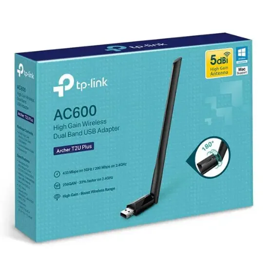 TP-Link Archer T2U Plus AC600 600 Mbps Dualband Antenli USB Wireless Adaptör resmi