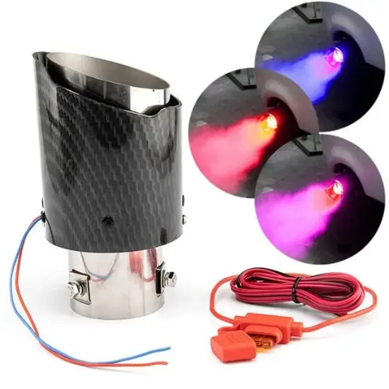 PowerMaster PM-20518 Karbon Fiber Görünümlü Işıklı Egzoz Başlığı Modifiye Ucu (Sabit Mavi/Kırmızı LED) resmi