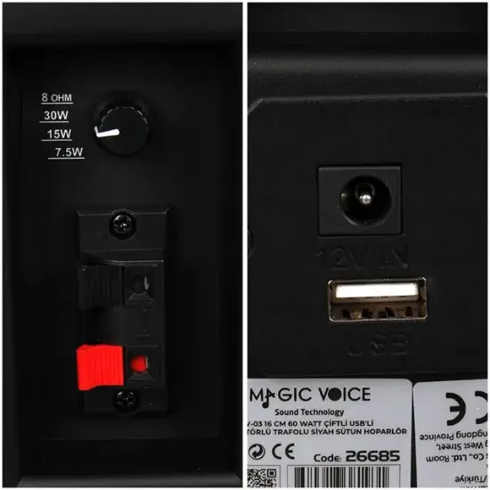 MagicVoice MV-03 16 CM 60 Watt Komütatörlü Hat Trafolu Siyah Sütun Hoparlör (2'li Takım) resmi