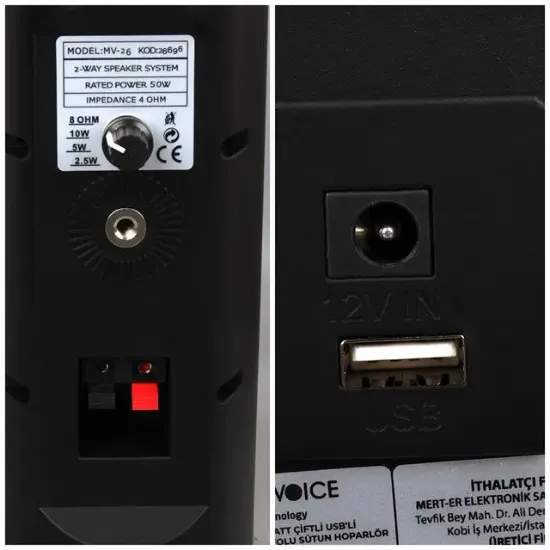 MagicVoice MV-26 2x7.5 CM 50 Watt Komütatörlü Hat Trafolu Siyah Sütun Hoparlör (2'li Takım) resmi