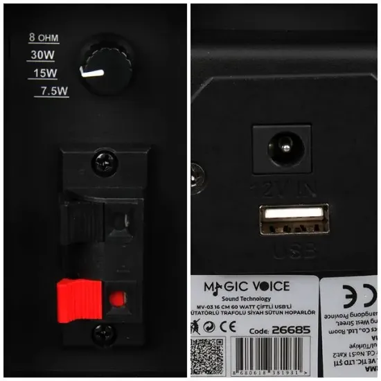MagicVoice MV-19 2x7.5 CM 40 Watt Komütatörlü Hat Trafolu Siyah Sütun Hoparlör (2'li Takım) resmi