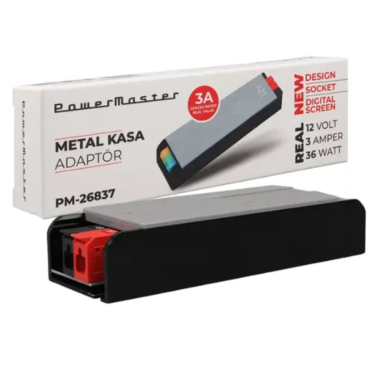 PowerMaster PM-26837 12 Volt 3 Amper 36 Watt Slim Metal Kasa Adaptör 128x42x27mm resmi