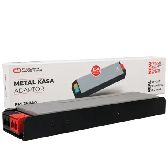 PowerMaster PM-26840 12 Volt 15 Amper 180 Watt Slim Metal Kasa Adaptör 218x51x27mm resmi
