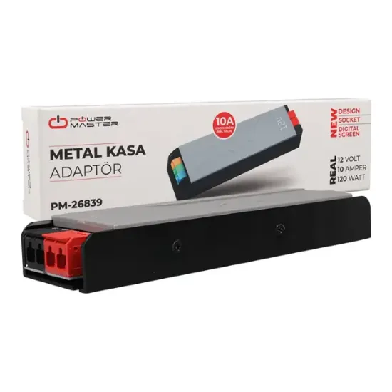 PowerMaster PM-26839 12 Volt 10 Amper 120 Watt Slim Metal Kasa Adaptör 189x51x27mm resmi