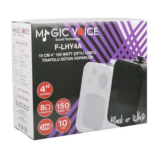 MagicVoice F-LHY4A 4" (10 CM) Hat Trafolu Duvar Tipi Sütun Hoparlör (10W RMS / 150W Peak - MP3 USB Uyumlu) Çiftli Takım Set - Siyah resmi