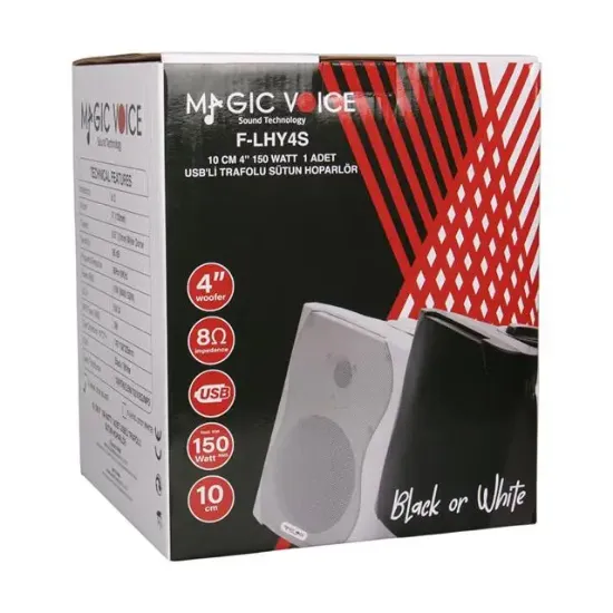 MagicVoice F-LHY4S 4" (10 CM) Hat Trafolu Duvar Tipi Sütun Hoparlör (10W RMS / 150W Peak - MP3 USB Uyumlu) - Siyah resmi
