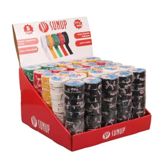 Sunup SN-27919 0.13x18mm 5 Renk İzole Elektrikçi Bant 10 Metre 50x5'li Paket (Kırmızı- Sarı - Siyah - Yeşil - Beyaz) resmi