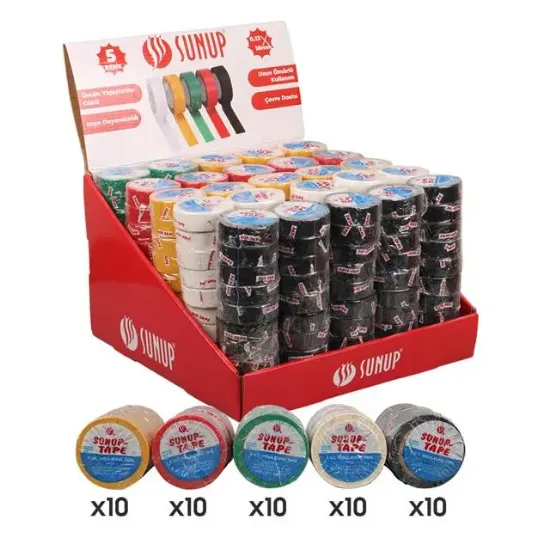 Sunup SN-27919 0.13x18mm 5 Renk İzole Elektrikçi Bant 10 Metre 50x5'li Paket (Kırmızı- Sarı - Siyah - Yeşil - Beyaz) resmi