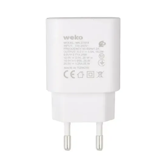 Weko WK-27878 Note10 Beyaz 25 Watt Şarj Başlık Adaptörü + Type-C To Type-C Kablo resmi