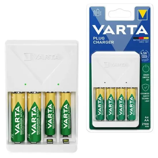 Varta Plug AA/AAA Kalem Pil Şarj Cihazı Aleti - 4 Adet 2100mAh AA HR6 NI-MH Şarj Edilebilir Pil Hediyeli resmi