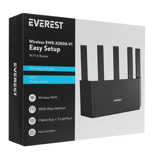 Everest EWR-X3000MBPS-V1 X3000Mbps Dualband 5*6dBi 1 Wan Port + 3 Lan Port Wi-Fi 6 Wisp+Ap+Repeater Destekli Kablosuz Wifi Router   resmi