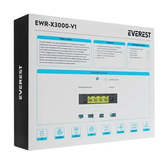 Everest EWR-X3000MBPS-V1 X3000Mbps Dualband 5*6dBi 1 Wan Port + 3 Lan Port Wi-Fi 6 Wisp+Ap+Repeater Destekli Kablosuz Wifi Router   resmi