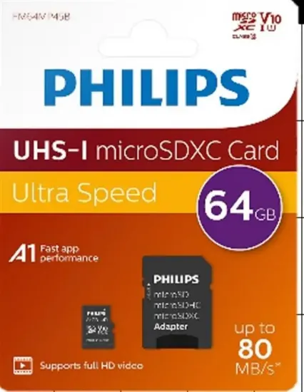 Philips FM64MP45B/00 64GB Class10 UHS-I U1 TF Adaptörlü Micro SDXC Hafıza Kartı resmi