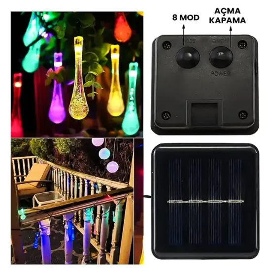 PowerMaster PM-29078 8 Modlu Solar 12M Renkli Su Damlası LED Zinciri - Su Geçirmez Bahçe ve Balkon Aydınlatması resmi
